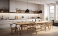 Modern kitchen, interior design, minimalistic scandinavian look. Natural wooden and white materials. Minimalistic sunny photo. AI