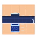 Modern kitchen interior design with wooden cabinets and blue backsplash. Home cooking area with oven, sink vector