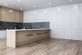 Modern kitchen interior design with wooden floor and walls. 3D Rendering Royalty Free Stock Photo