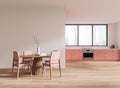 Modern kitchen interior with dining area and pink cabinets. 3D Rendering Royalty Free Stock Photo