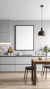 Modern Kitchen Interior with Dining Table Marble Countertop and Blank Square Frame Contemporary Living Space with Royalty Free Stock Photo