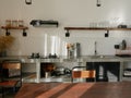 Modern kitchen interior with dining table with retro decor elements, vintage fixtures, stylish interior, concrete and