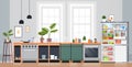 Kitchen interior empty nobody apartment with open fridge full of fresh food home appliances concept