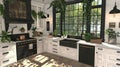 A Stylish Kitchen Interior with Natural Light, Greenery, and Elegant Black and White Design Royalty Free Stock Photo