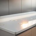 Modern kitchen interior featuring a sleek, glossy countertop reflecting soft lighting. Royalty Free Stock Photo