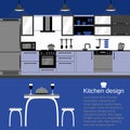 Modern kitchen interior flat design with home furniture and kithenware. Front view. Vector illustration. Blue color Royalty Free Stock Photo