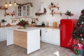 Modern Kitchen Interior with Island, Sink, Cabinets in New Luxury Home Decorated in Christmas Style.