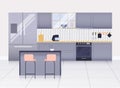 Modern kitchen interior. Kitchen utensils and appliances in the background tiles