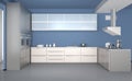 Modern kitchen interior with light blue wallpaper