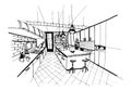 Modern kitchen interior in loft style. Hand drawn sketch illustration. Royalty Free Stock Photo