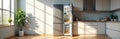 Modern kitchen interior with open refrigerator filled with fresh food, plants near window, bright sunlight creates shadow Royalty Free Stock Photo
