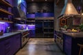 Modern kitchen interior with purple cabinetry and ambient lighting