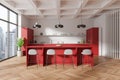 Modern kitchen interior with a red island, white stools, and large windows showing a city background, light and spacious. 3D Royalty Free Stock Photo