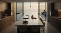 Modern Kitchen Interior with Stunning Ocean View and Minimalist Design Elements Royalty Free Stock Photo
