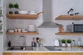 Modern kitchen interior with white brick tile wall in Scandinavian style Royalty Free Stock Photo