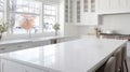 Modern kitchen interior with white cabinets and large windows. Bright space with stainless steel appliances. Can be used Royalty Free Stock Photo