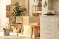 Modern kitchen interior with wooden crates Royalty Free Stock Photo