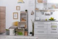 Modern kitchen interior with wooden crates Royalty Free Stock Photo