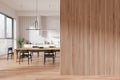 Modern kitchen interior with wooden wall paneling, empty space. 3D Rendering Royalty Free Stock Photo