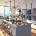 Modern kitchen interior with a young man cooking at a central island. The kitchen features white Royalty Free Stock Photo