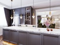 A modern kitchen island made of wooden panels with a chamfer of gray color, with a white marble countertop and two bar stools.