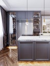 A modern kitchen island made of wooden panels with a chamfer of gray color, with a white marble countertop and two bar stools.