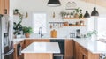 Modern kitchen island, plants, sunlight, home decor, interior design Royalty Free Stock Photo