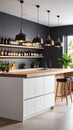 Modern Kitchen Island with Wine Storage Pendant Lighting and Bar Seating Royalty Free Stock Photo