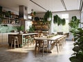 Modern kitchen with lots of plants hanging from the ceiling and a large dining table in the middle of the room 3d rendering by Royalty Free Stock Photo