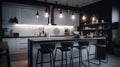 Modern kitchen in a minimalist scandi loft style, a combination of white and black, a long bar counter with black bar