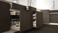 Modern kitchen, opened wooden drawers with accessories inside, s