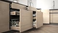 Modern kitchen, opened wooden drawers with accessories inside, s