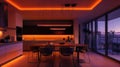 Modern Kitchen with Orange LED Lights and Cityscape View Royalty Free Stock Photo