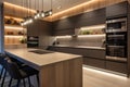 modern kitchen, with overhead lighting and under-cabinet lights creating a warm and welcoming atmosphere