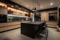 modern kitchen, with overhead lighting and under-cabinet lights creating a warm and welcoming atmosphere Royalty Free Stock Photo