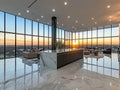 Modern kitchen with panoramic city views and sunset Royalty Free Stock Photo