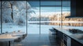 Modern Kitchen with a Panoramic View of a Snow-Covered Winter Landscape Royalty Free Stock Photo