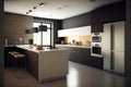 Modern kitchen with peninsula, appliances and large window, created using generative ai technology