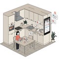 A modern kitchen rendered in an isometric style features a woman seated at a table, Royalty Free Stock Photo