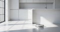 Modern Kitchen with Robotic Vacuum Cleaner and Bright Sunlight Royalty Free Stock Photo