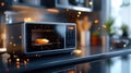 Modern kitchen scene with microwave cooking food in cozy ambient lighting Royalty Free Stock Photo