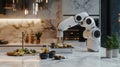 A modern kitchen showcases a robotic arm in action. The advanced machine skillfully prepares food on a marble countertop Royalty Free Stock Photo
