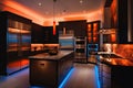 modern kitchen, with sleek appliances and contemporary fixtures, illuminated by warm ambient lighting