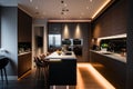 modern kitchen, with sleek appliances and contemporary fixtures, illuminated by warm ambient lighting