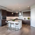 A modern kitchen with sleek countertops, stainless steel appliances, and minimalist design2