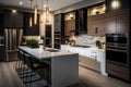 modern kitchen with sleek designs and high-end appliances, surrounded by warm ambient lighting