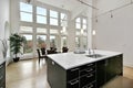 Modern kitchen with two story windows