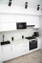 Modern kitchen in white and black. Beautiful new interior. Built-in microwave oven, hob and electric oven Royalty Free Stock Photo