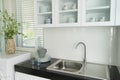 Modern kitchen with white worktop sink