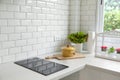 Modern kitchen with white worktop sink